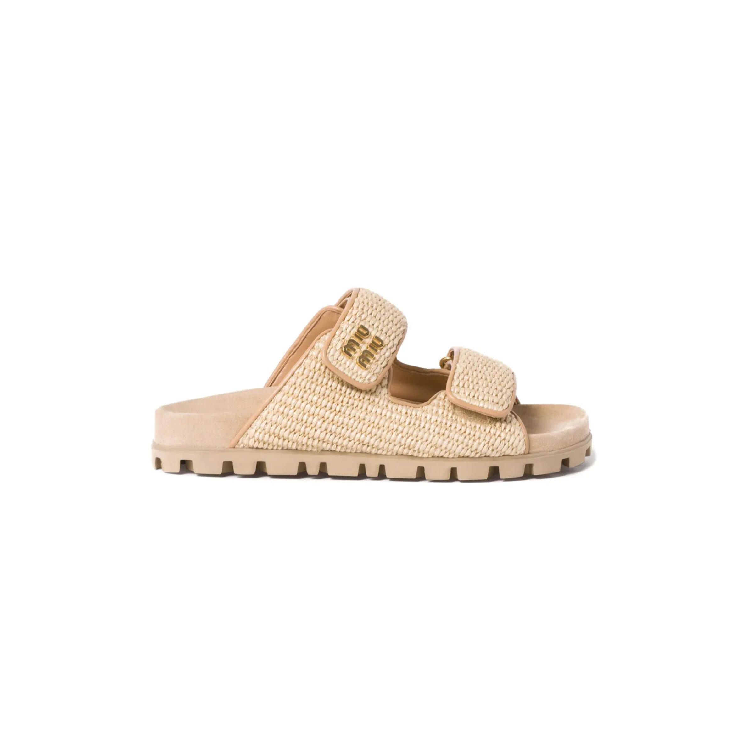 MIU MIU RAFFIA-EFFECT WOVEN FABRIC SLIDES 5XX636